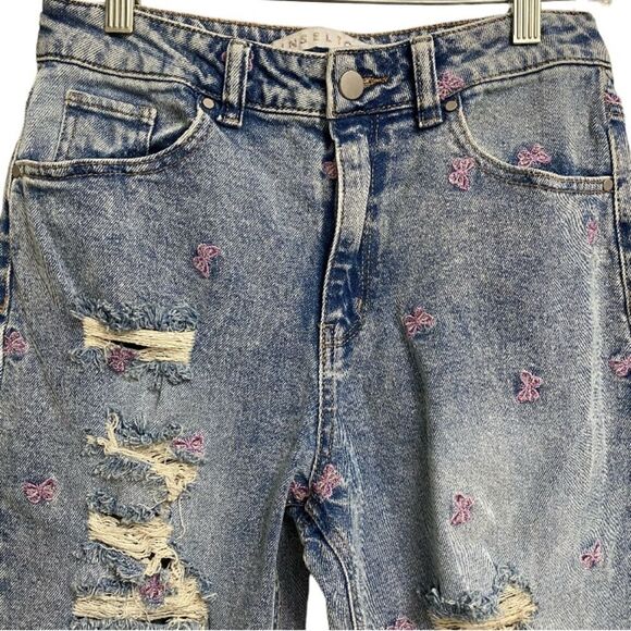 Tinseltown Butterfly Embroidered Mom Jeans Size 9 Frayed-Hem Destructed Y2K - Picture 7 of 16